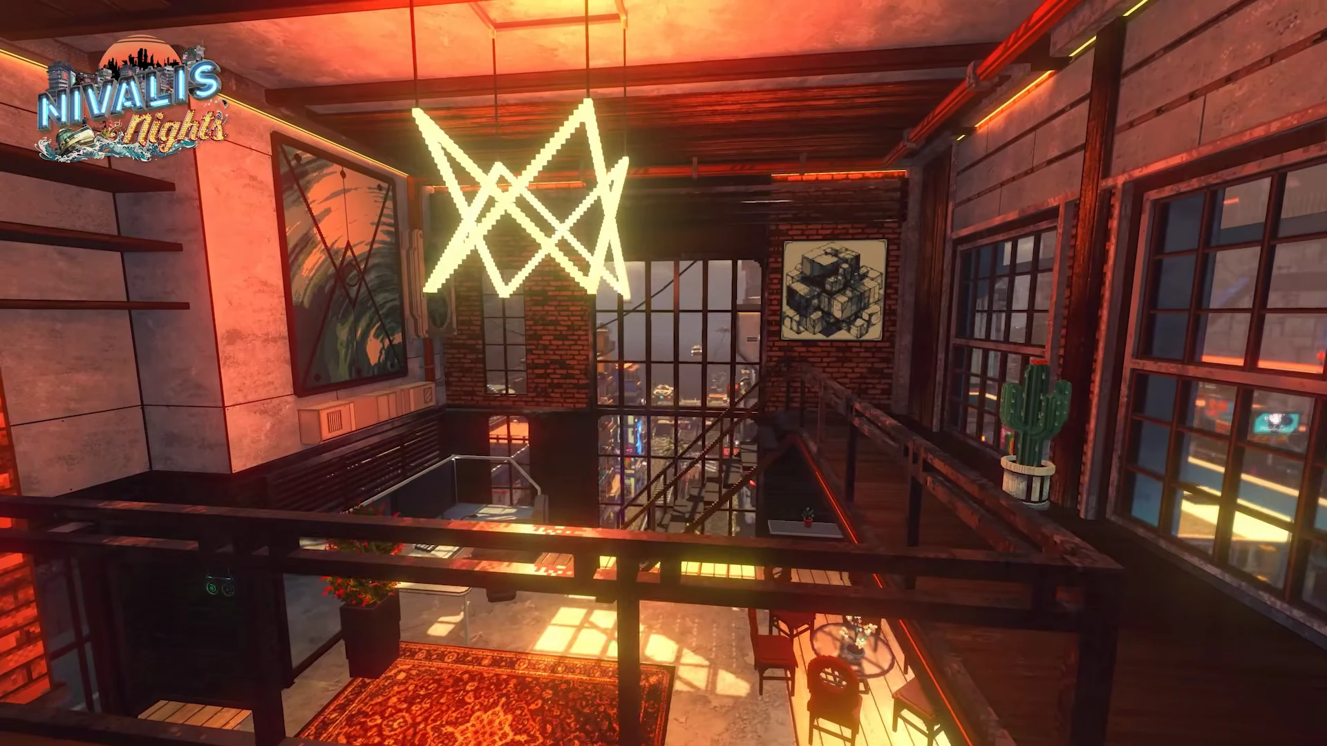 Luxurious cyberpunk apartment interior with glowing neon furniture in Nivalis
