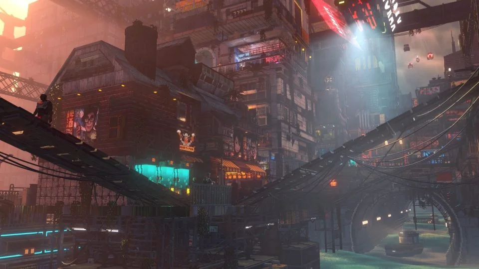 Ava standing in the neon rain of Nivalis, conversing with the player