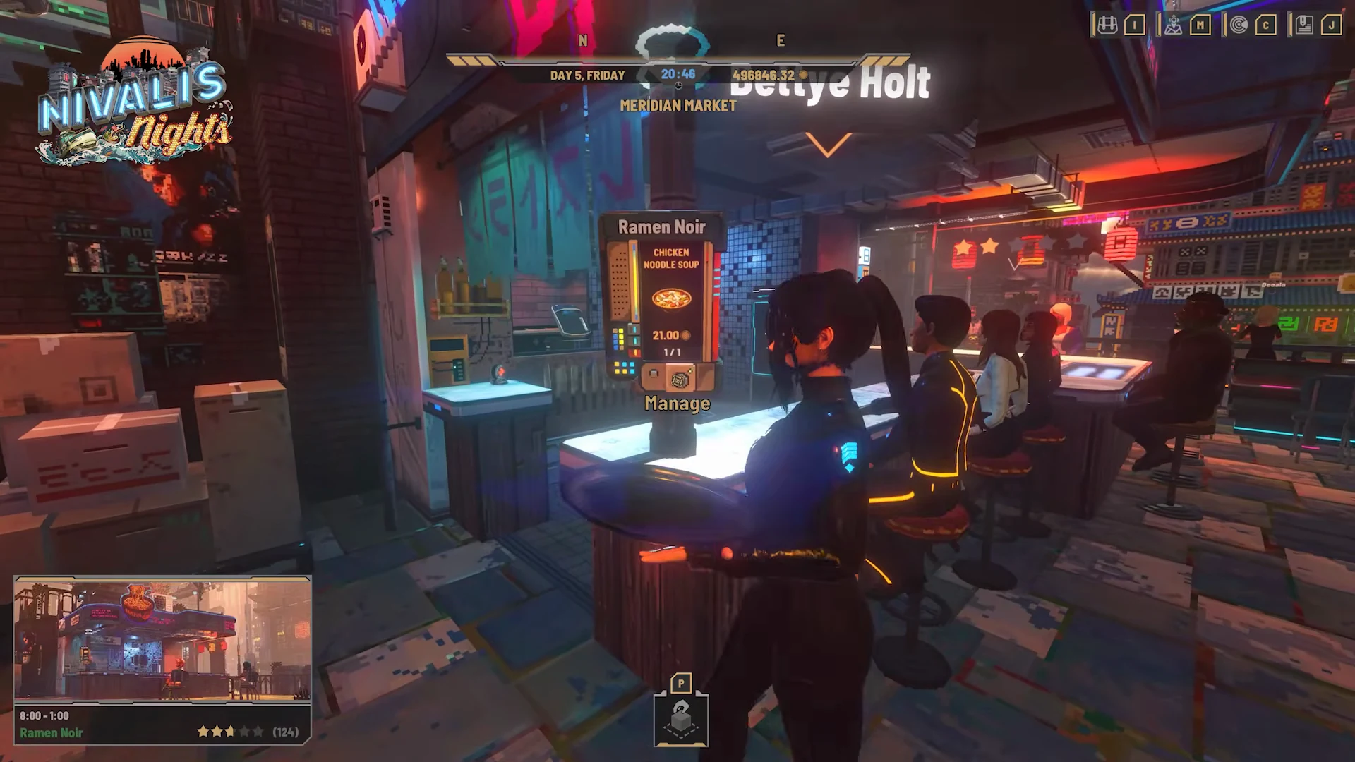 Player preparing hot bowls of ramen in a neon-lit cyberpunk noodle kitchen